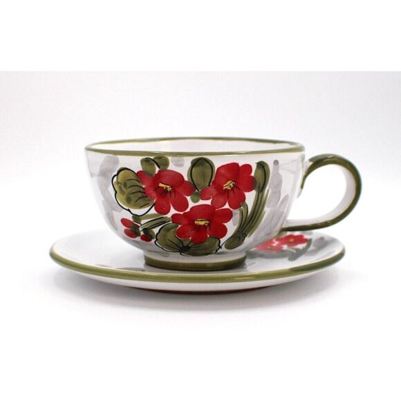 Italian Terracotta Floral Large Cup And Saucer - Picture 1 of 6